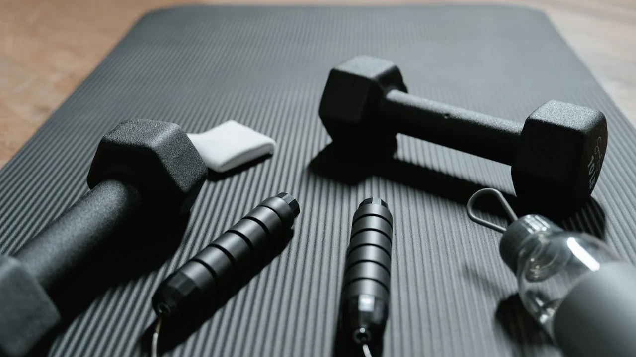 Dumbbells, a skipping rope and a water bottle on an exercise mat