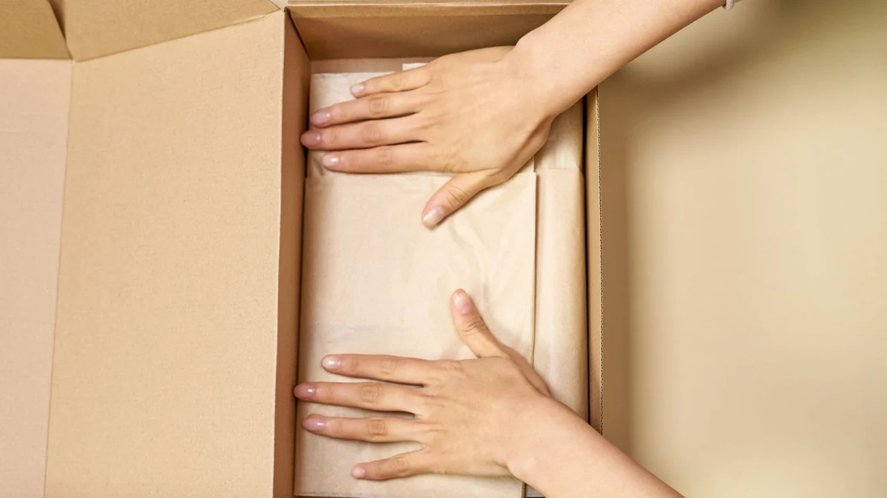 Hands packing an item in protective paper inside a cardboard box
