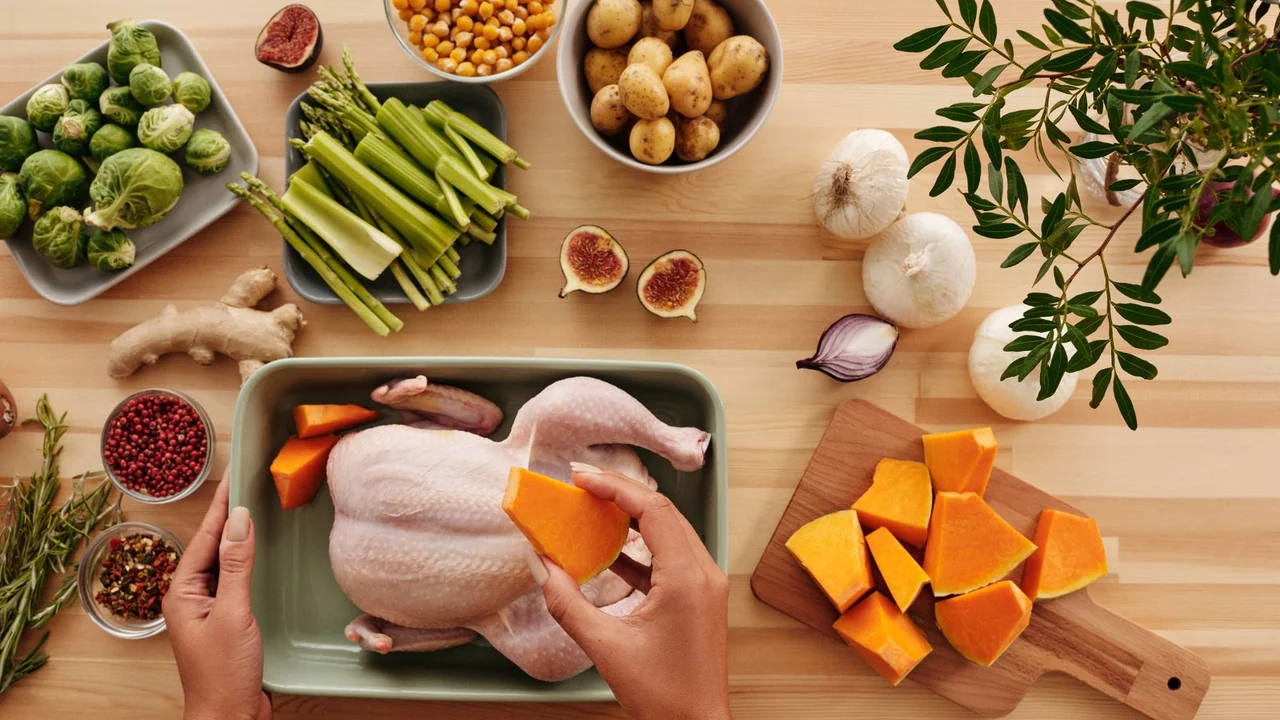 Chicken and vegetables arranged for meal preparation