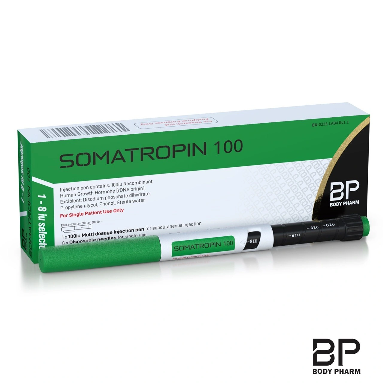 Body Pharm Somatropin 100 IU prefilled pen and labelled box