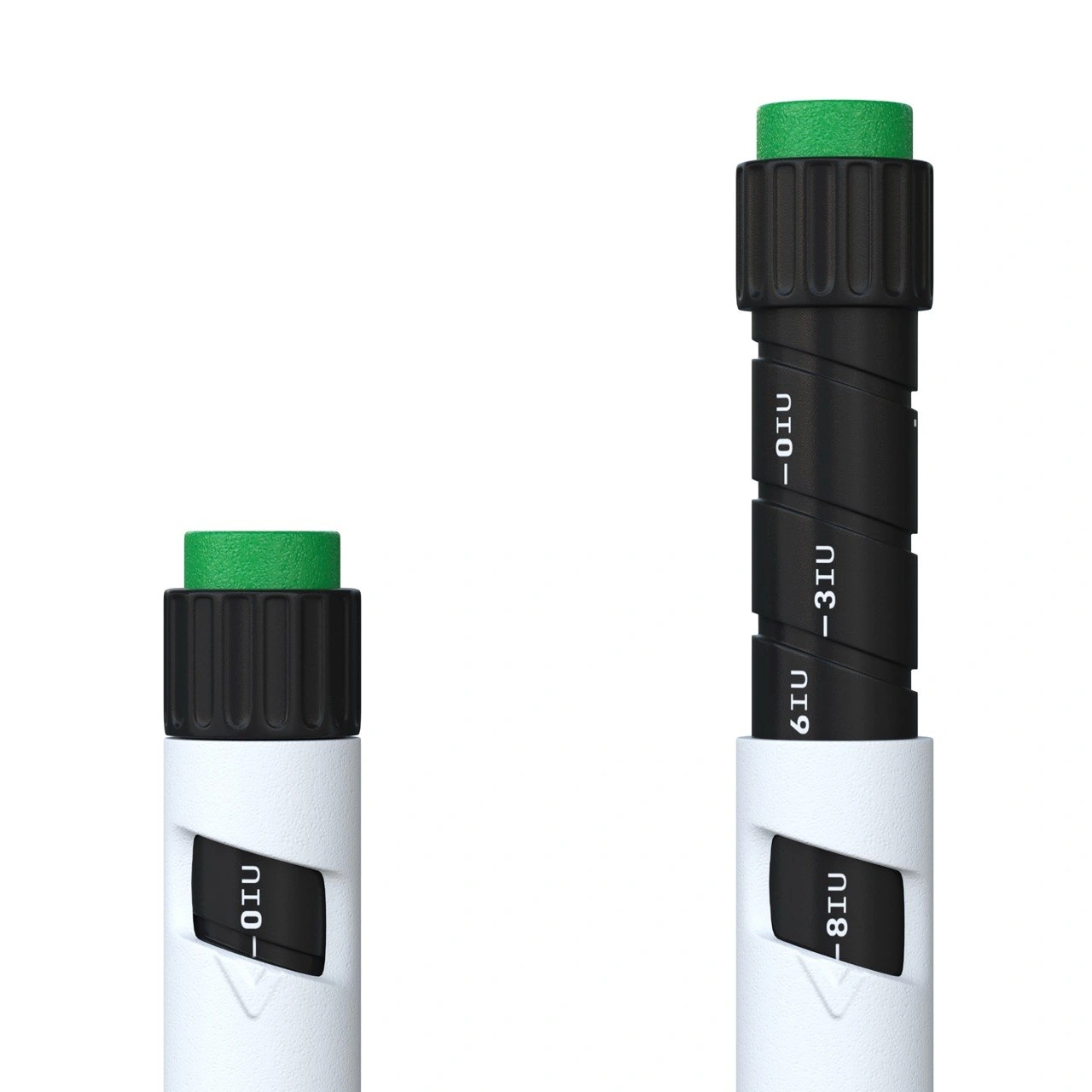Somatropin 100 IU pen dose dial and printed markings, close-up