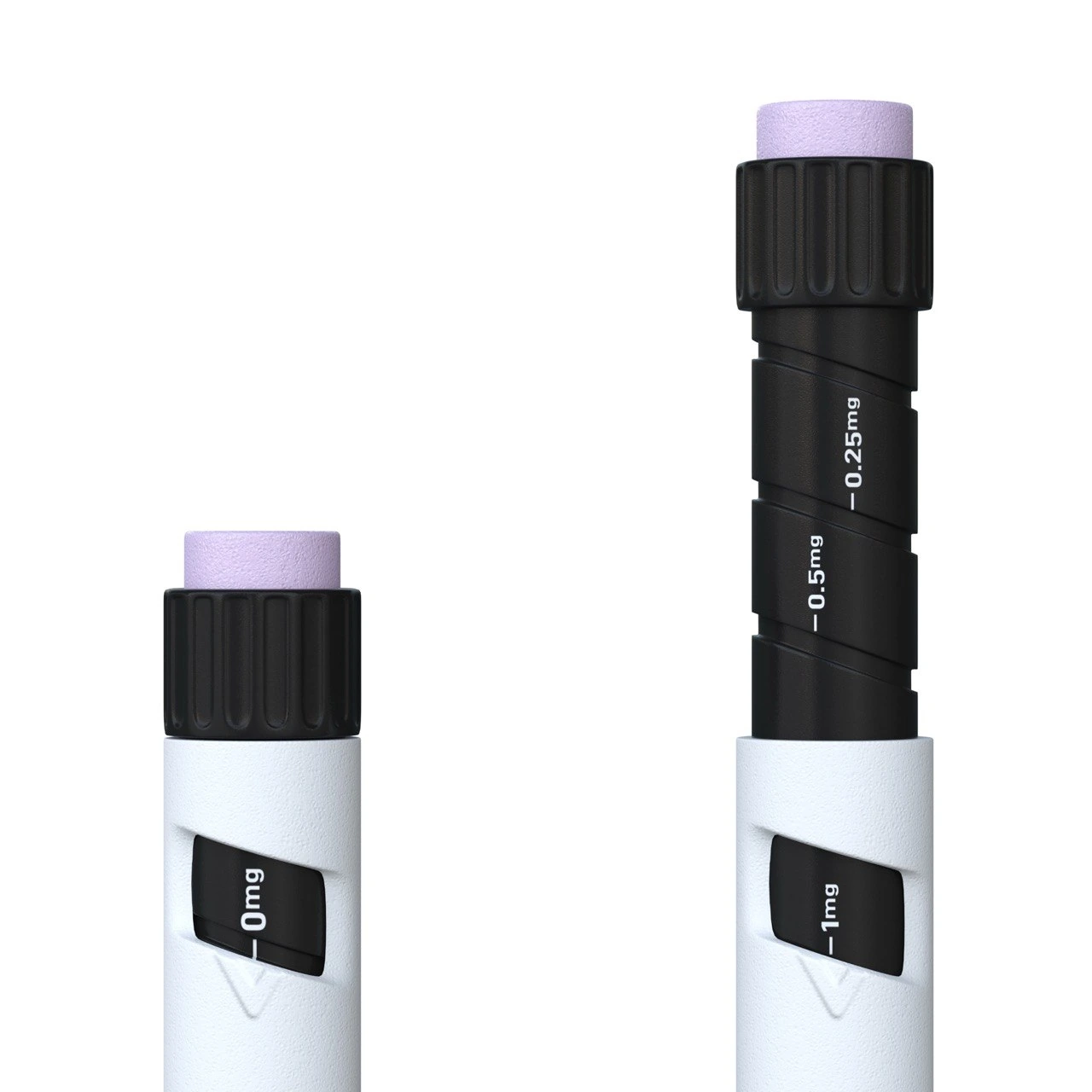 Tesamorelin 32 mg pen dose dial and printed markings, close-up