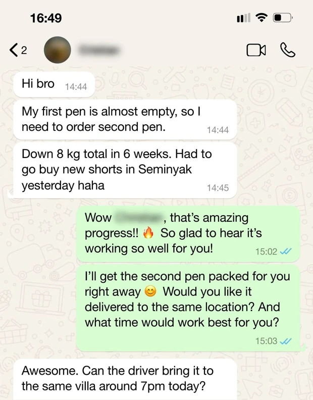 Customer WhatsApp feedback shared with Peptides in Bali, message 1