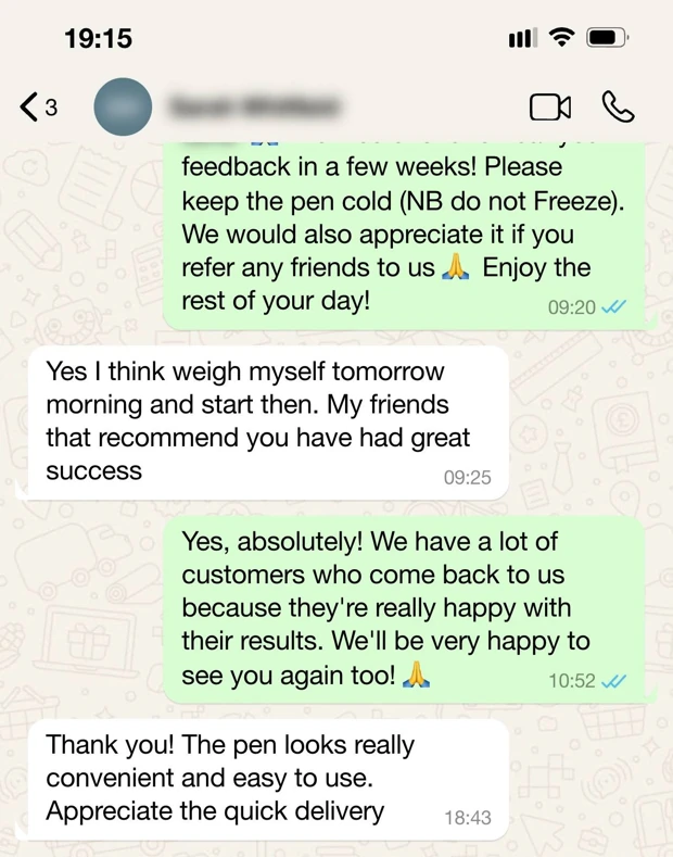 Customer WhatsApp feedback shared with Peptides in Bali, message 4