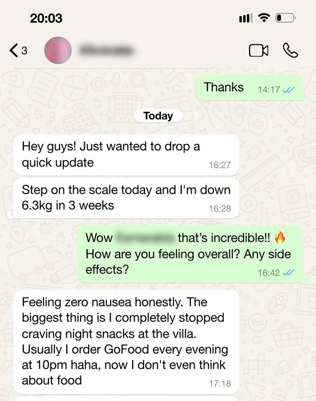 Customer WhatsApp feedback shared with Peptides in Bali, message 6