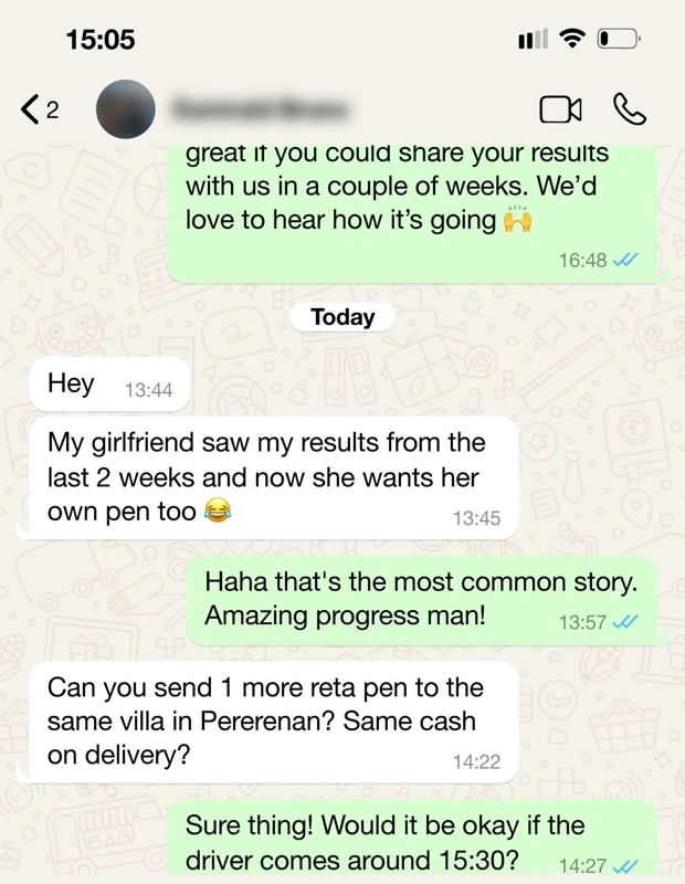 Customer WhatsApp feedback shared with Peptides in Bali, message 7