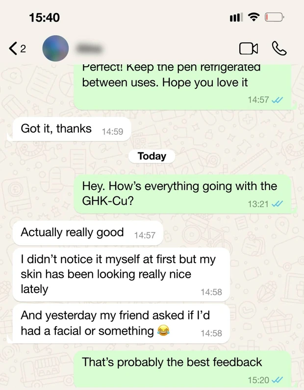 Customer WhatsApp feedback shared with Peptides in Bali, message 8